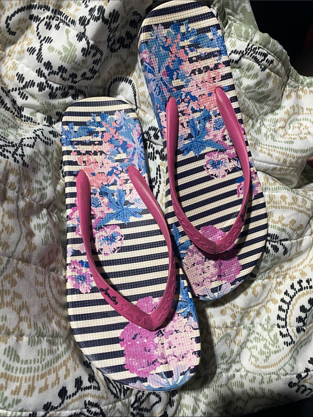 Joules Pink Floral Stripe Flip Flop Sandals Sz 8